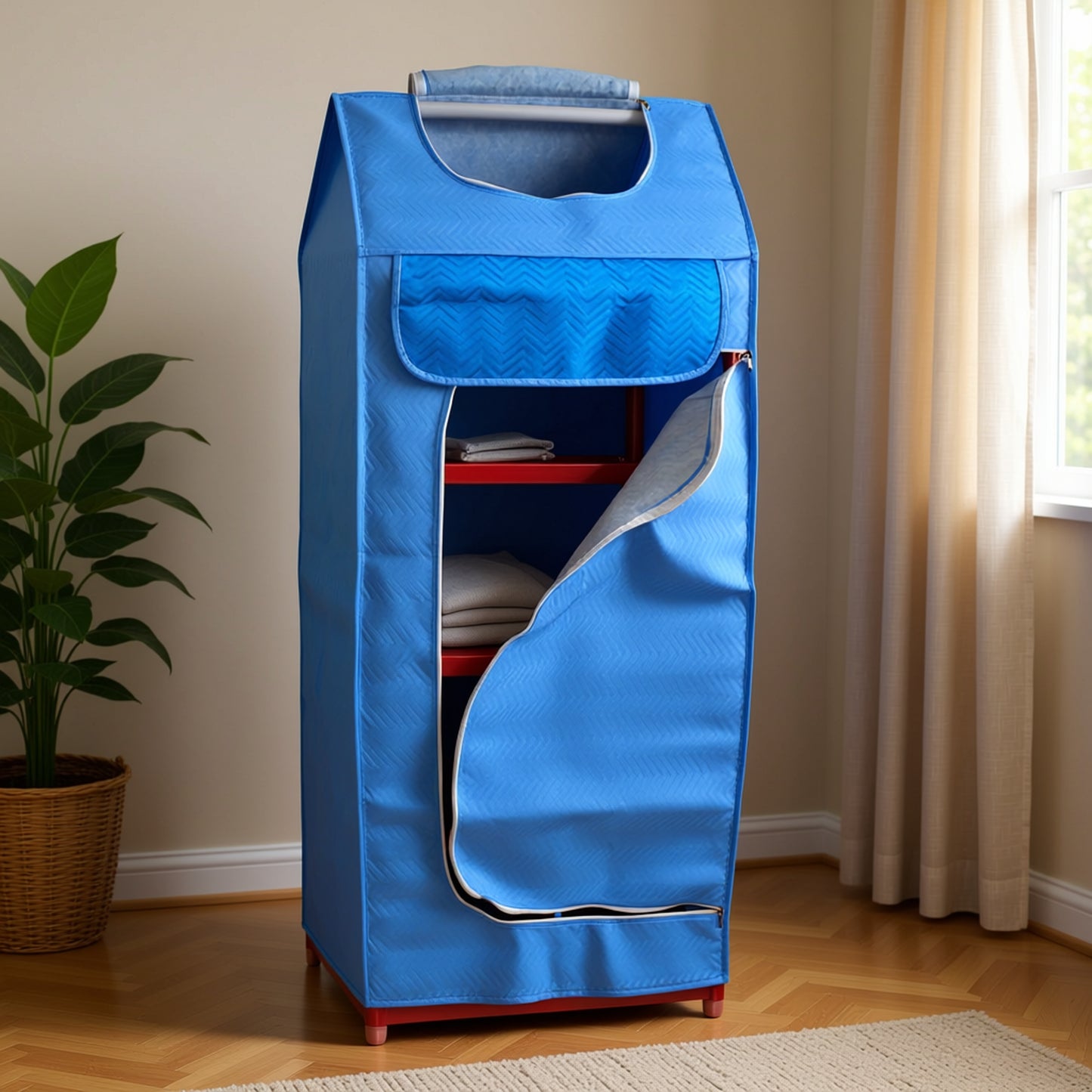 Blue folding wardrobe with clothes inside in a room with a plant and window.