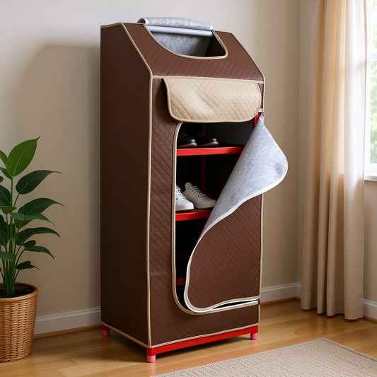 Brown shoe cabinet with red shelves in a room with a plant and window.