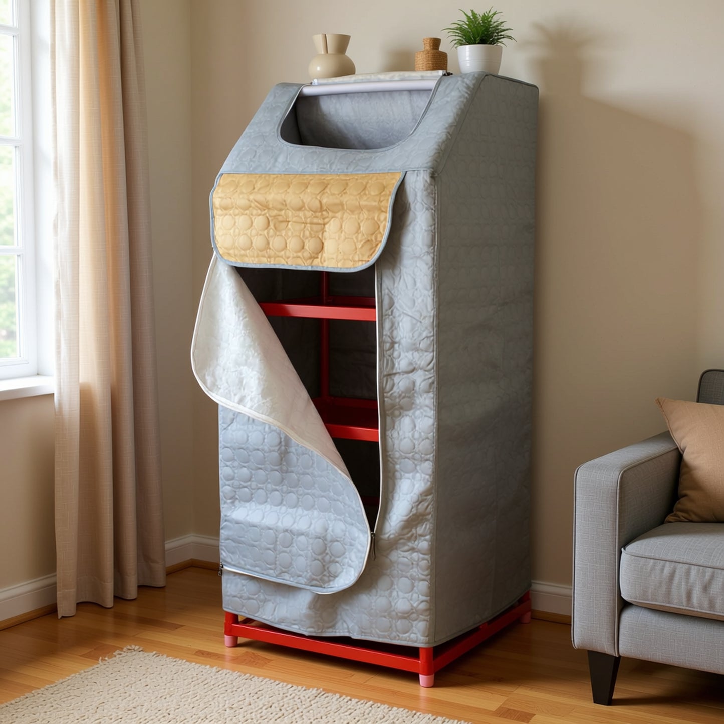 Furniture cover on a cabinet in a room with a window, curtains, and a chair.