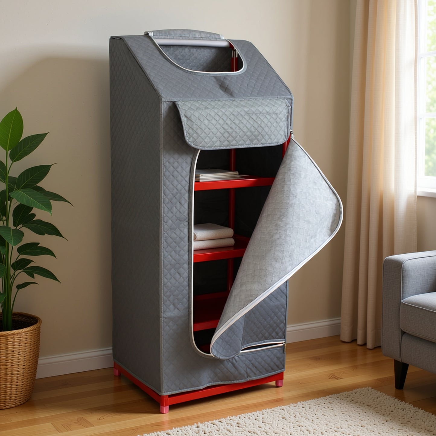 Gray laundry hamper with red interior in a room with a plant and chair.