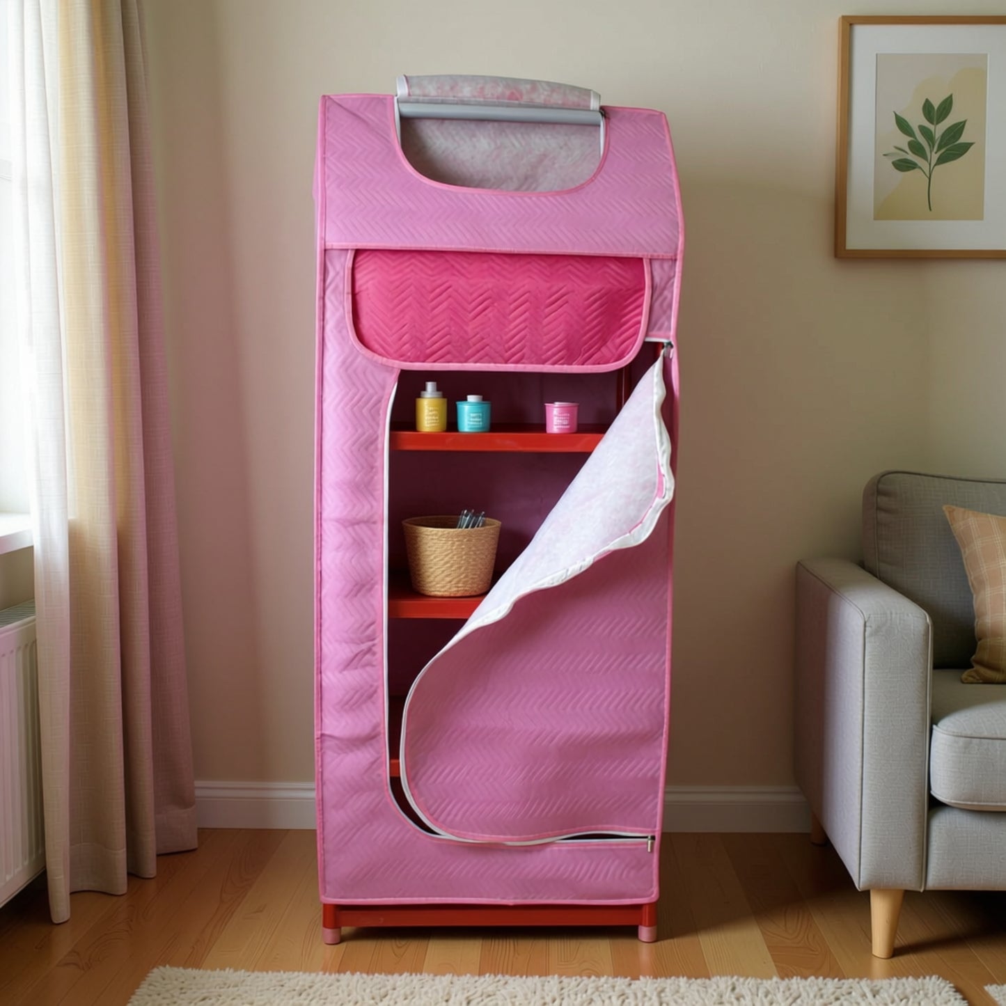Pink garment storage cabinet in a room with a couch and window.