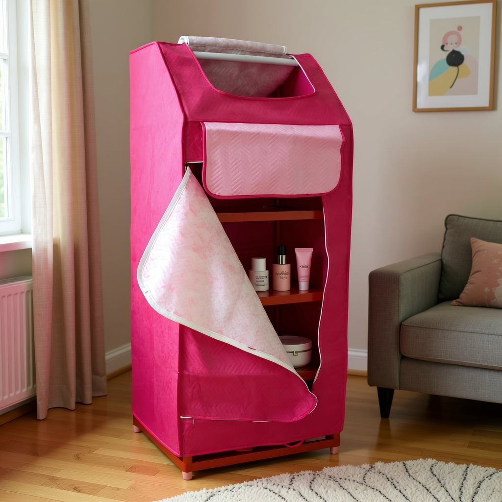 Pink garment steamer with shelves in a room with a couch and window.